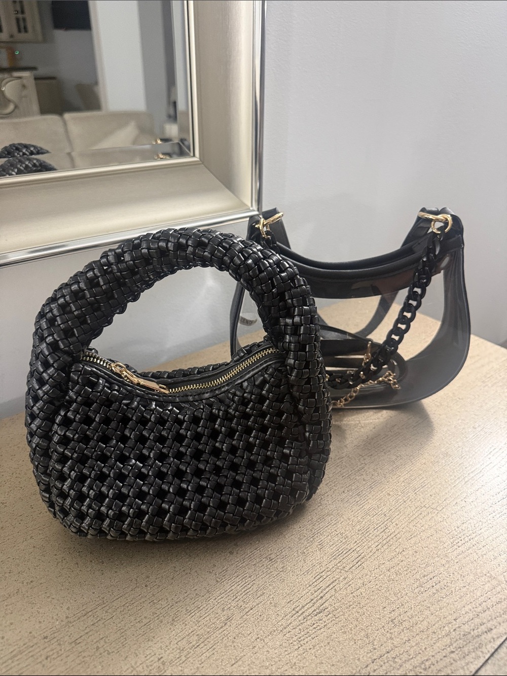 LOT of 2 - Black Woven Handle Shoulder Bag & Clear Sports Game Purse